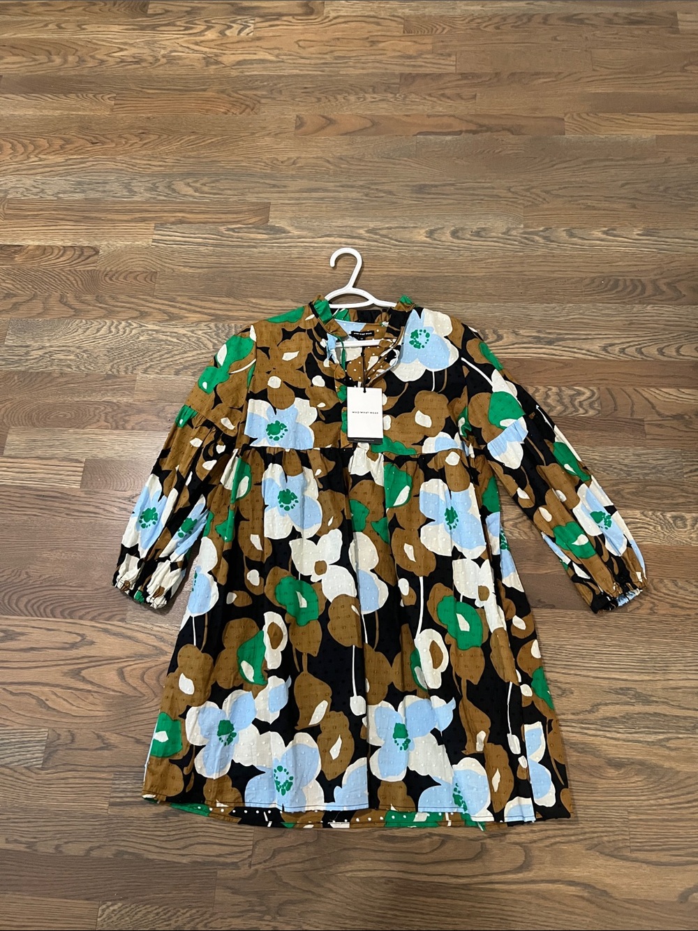 Who What Wear Long Sleeve Floral Babydoll Dress in Black, Green, Brown, White